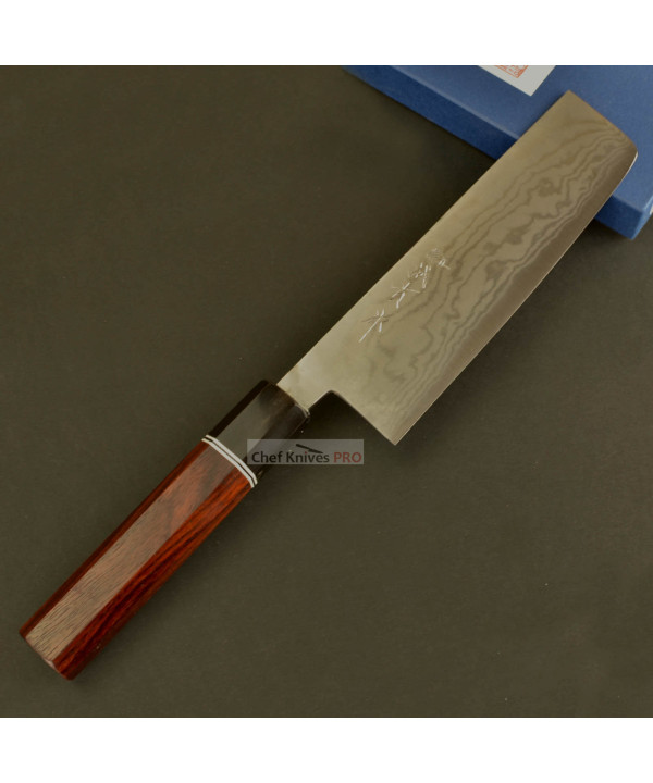 Shigeki Tanaka Blue Steel Damascus Nakiri Knife with Octagon Rose wood Handle